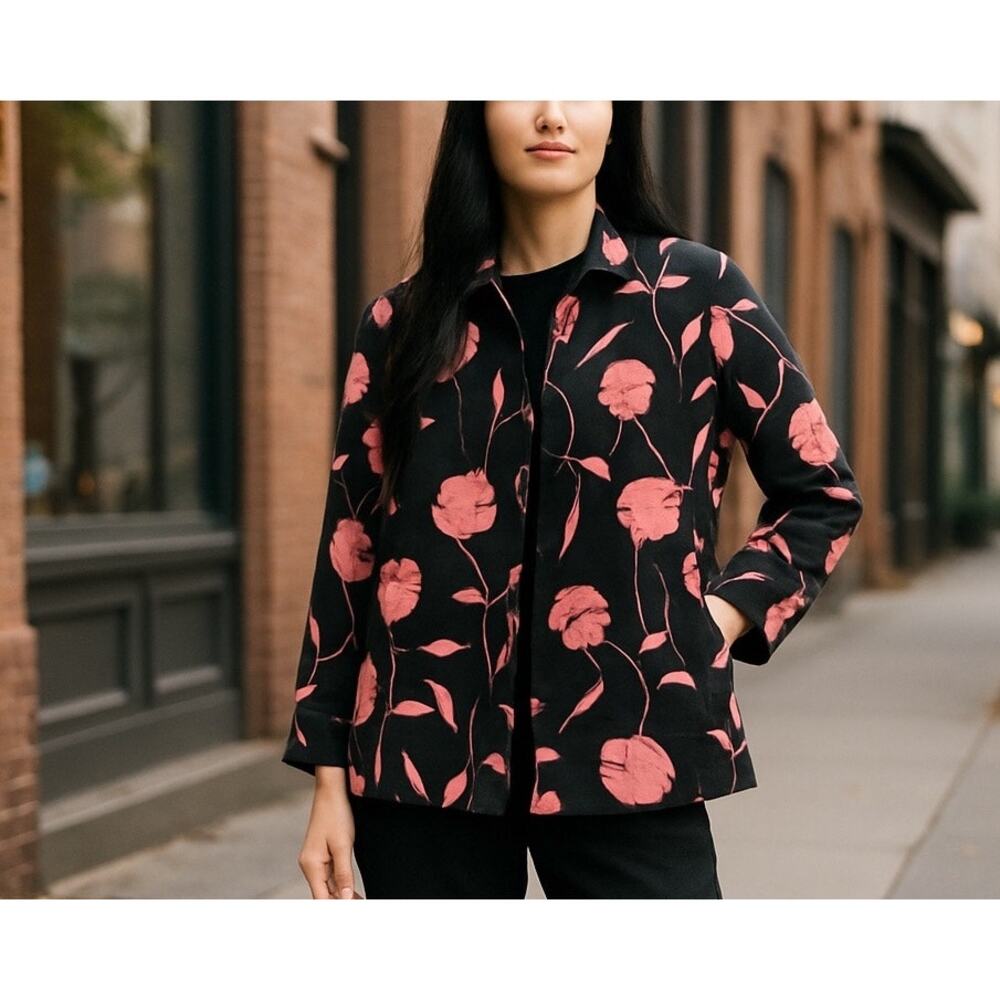 Silk land 100% Silk 3/4 Sleeve Floral w/Sequins Lined Blazer SZ Med Y2K Coquette